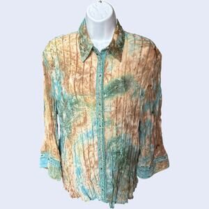 PIANO crinkle beaded rhinestone button blouse aqua tan collared 3/4 sleeve Y2K
